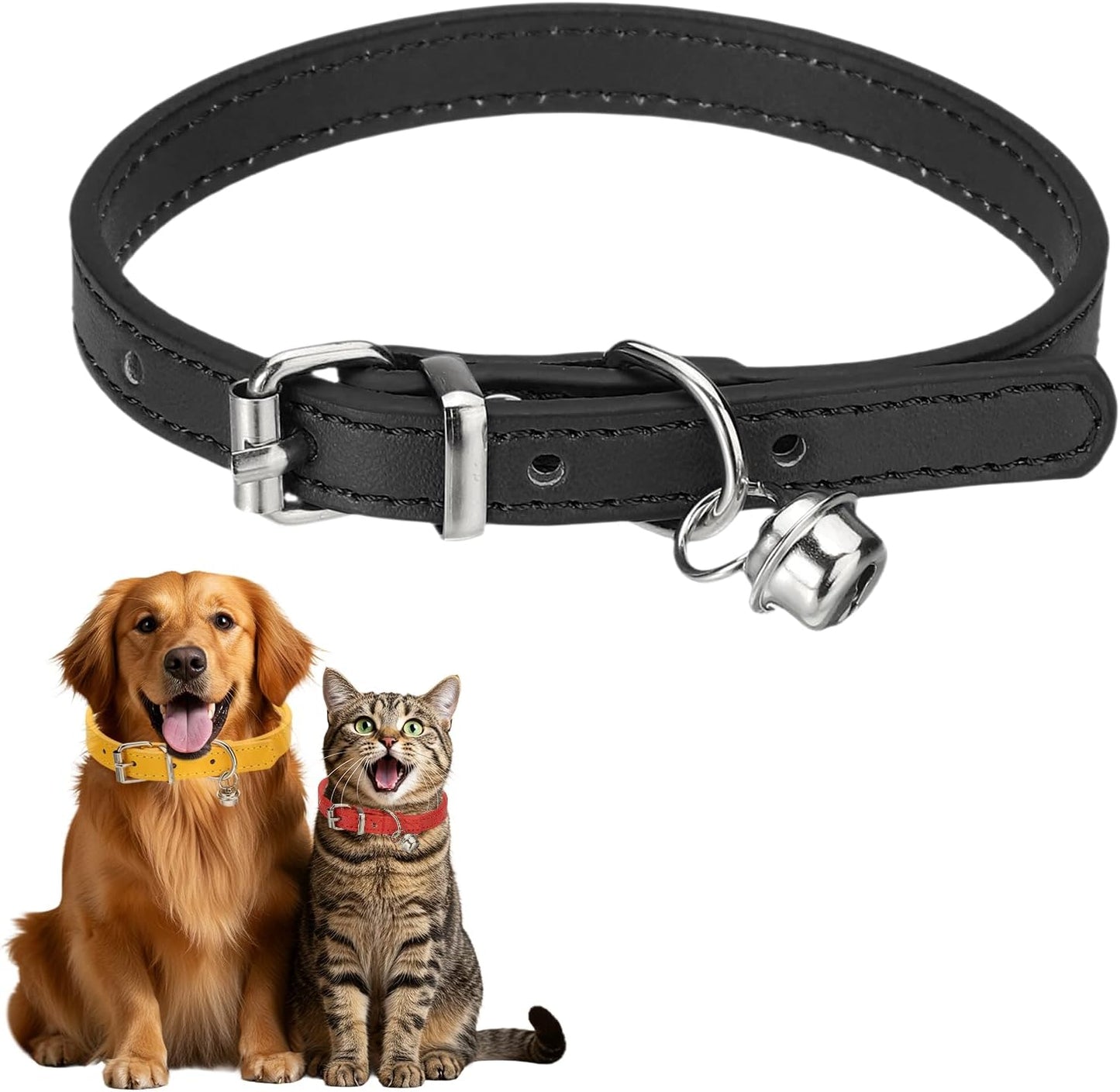 Dog Collar with Bell, Pu Leather Cat Collars Pet Basic Soft Padded Adjustable Buckle, 14.5" (Blue, 1 Pcs), Intended for Teacup/Little Dog/Kitten Cats/Small Animals