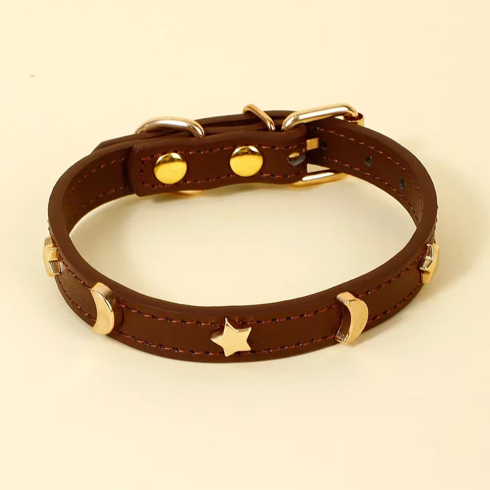 Cute Cat Collar Soft Leather Pet Collars for Small Dog Kitten Puppy Necklace Cat Accessories Star Moon Rivets Decoration XS-M