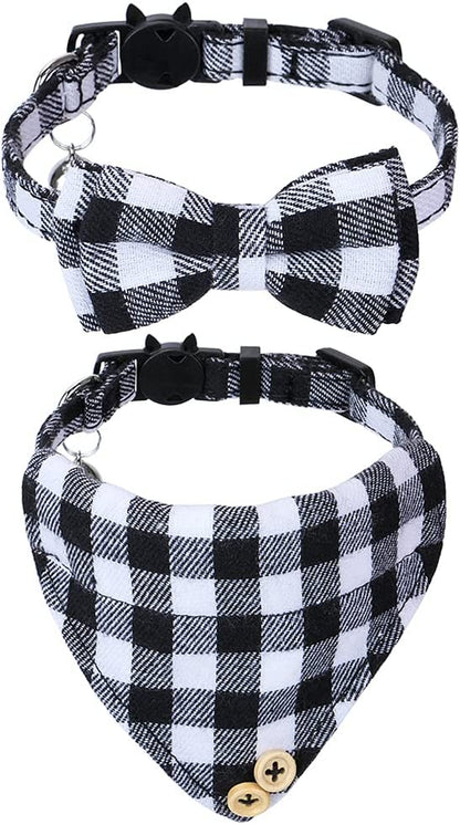 2 Pack/Set Cat Collar with Cute Bow Tie and Bell,Breakaway Plaid Shirt Collar for Kitty Adjustable Safety