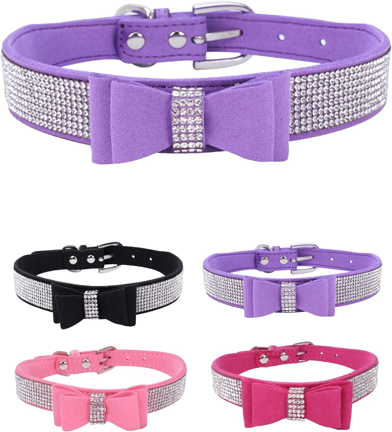 Dog Collar for Small Dogs, Adjustable Leather Suede Bling Dog Collars，Pink Dog Collar Cat Collar, Rhinestone Dog Collar(S, Pink)
