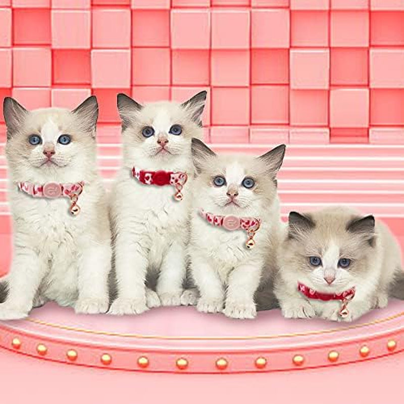 4 Pack Valentines Kitten Collar with Bell Valentines Day Breakaway Kitten Collars with Cute Heart Pattern Adjustable Size Suitable for Kittens