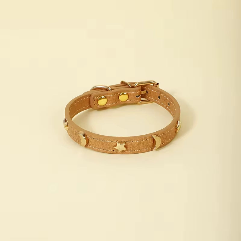 Cute Cat Collar Soft Leather Pet Collars for Small Dog Kitten Puppy Necklace Cats Accessories Star Moon Rivets Decoration XS-M