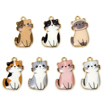 10 Pcs Cat Animal Animal Enamel Zinc Based Alloy Charms Gold Color Metal Pendants for DIY Jewelry Necklace Making 24Mm X 14Mm