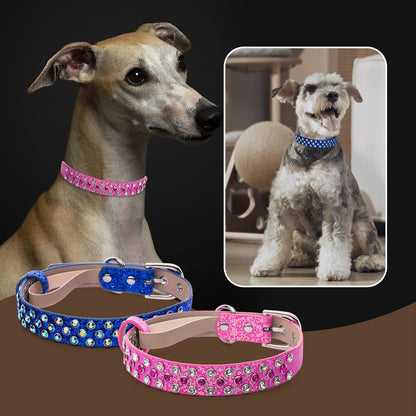 Rhinestone Dog Collar, Bling Diamond Pet Collars with Leash Adjustable, Dazzling Sparkly Crystal Studded Microfiber Leather Spiked Puppy Collar Cute for Small and Medium Large Girl Dogs Cats