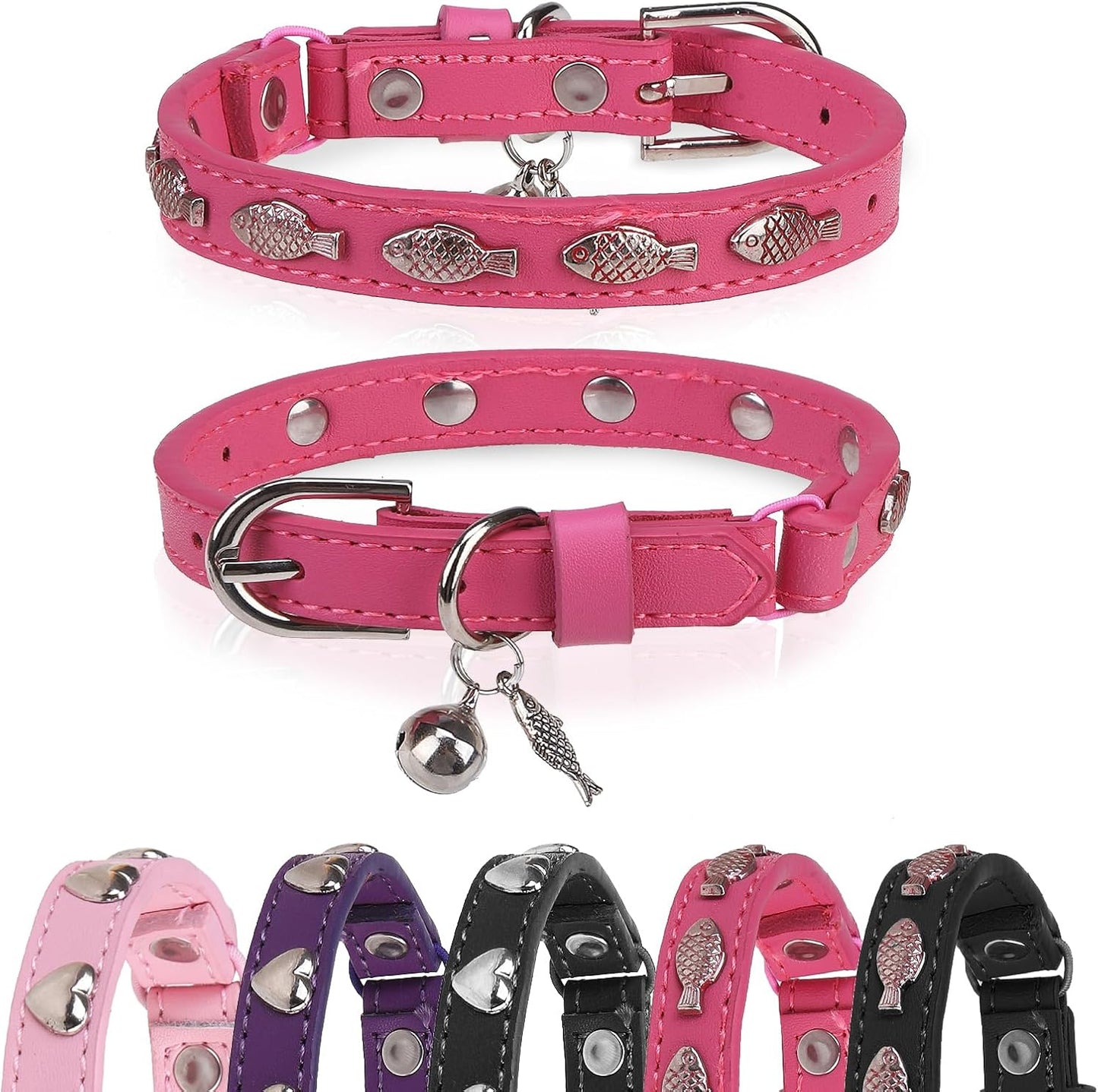 Leather Cat Collars for Boy Girl Cats with Bell and Safety Elastic Belt, Personalized Love and Fish Stud Adjustable Safe Buckle Collar for Kitty Small Big Cats Size 8-11 Inch, Black