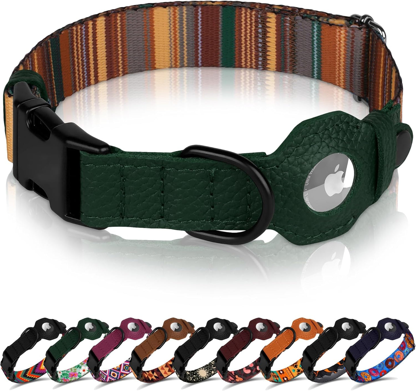 Airtag Dog Collar with Metal Buckle - Printed Nylon Soft Leather Dog Collar with Apple Airtag Holder - Secure Tracking GPS Pet Collars for Girl Boy Small Large Dogs (L, 17"-21" Neck Fit, Striped)