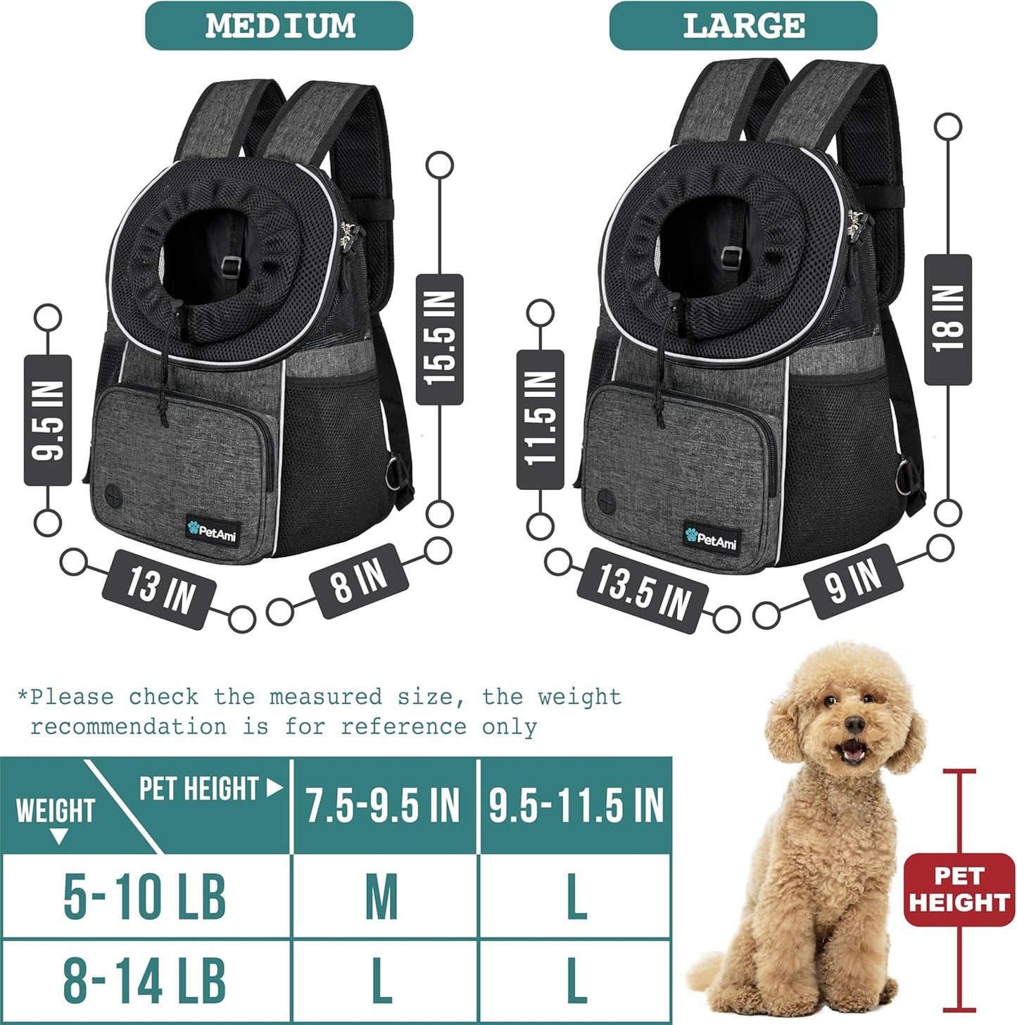 Adjustable Dog & Cat Chest Carrier Backpack, Ventilated for Hiking & Camping, Small to Large Pets up to 15 Lbs, Dark Gray