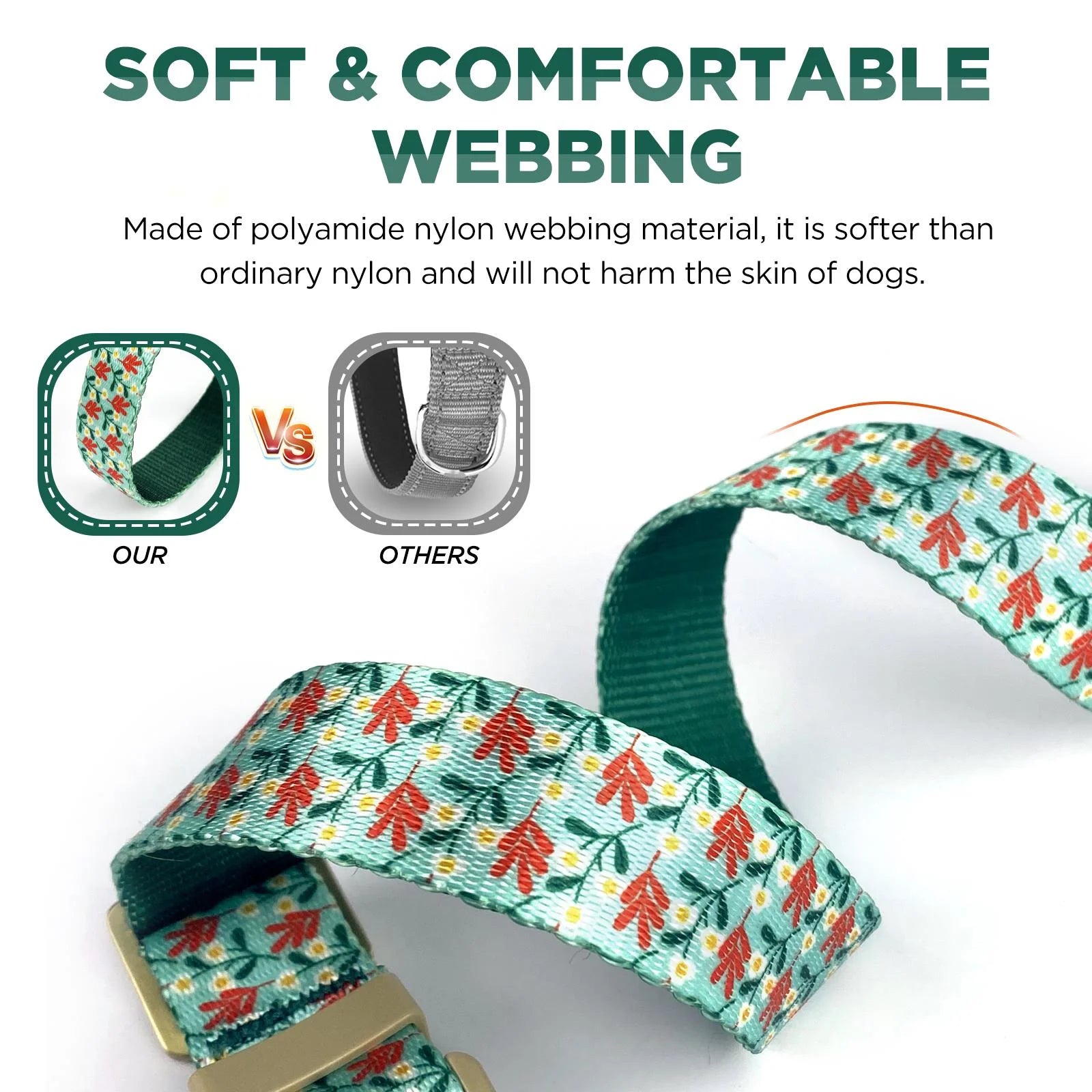 Cute Dog Collar, Cyan Flower Pattern, Soft Nylon Pet Collars for Small Medium Large Dogs, L