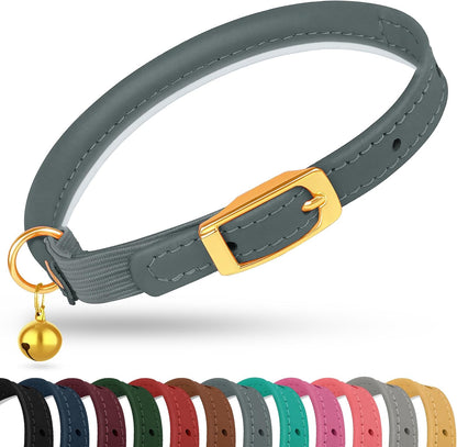 Rolled Leather Cat Collar with Bell - Reflective Kitten Collar with Safety Elastic Strap - Adjustable Small Pet Collars for Boy Girl Cats (Fuchsia)