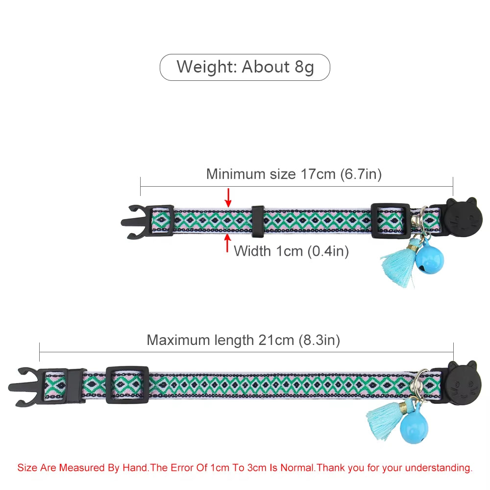 Adjustable Cat Collar Polyester Jacquard Pattern Pet Collar with Bell and Tassel Decoration for Cats and Small Dogs to Keep Lost