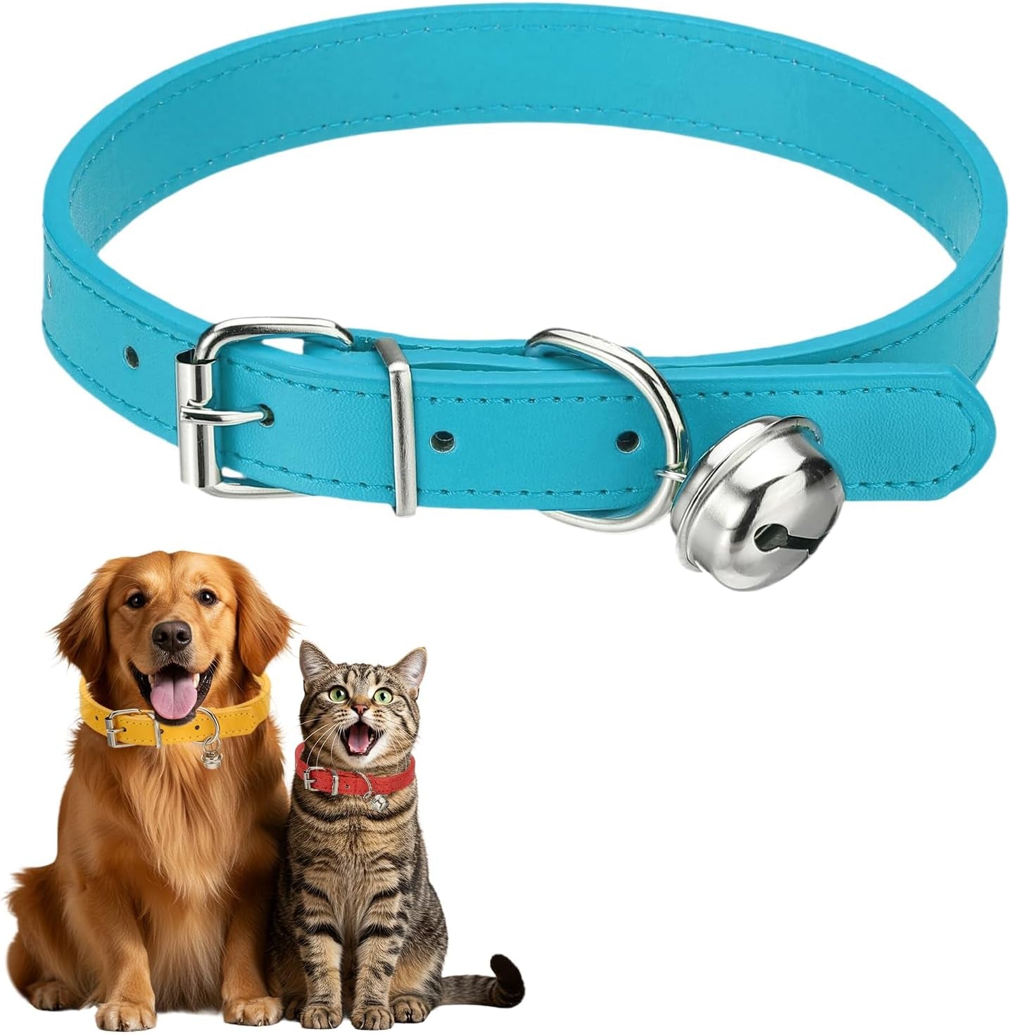 Dog Collar with Bell, Pu Leather Cat Collars Pet Basic Soft Padded Adjustable Buckle, 14.5" (Blue, 1 Pcs), Intended for Teacup/Little Dog/Kitten Cats/Small Animals