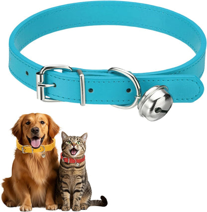 Dog Collar with Bell, Pu Leather Cat Collars Pet Basic Soft Padded Adjustable Buckle, 14.5" (Blue, 1 Pcs), Intended for Teacup/Little Dog/Kitten Cats/Small Animals