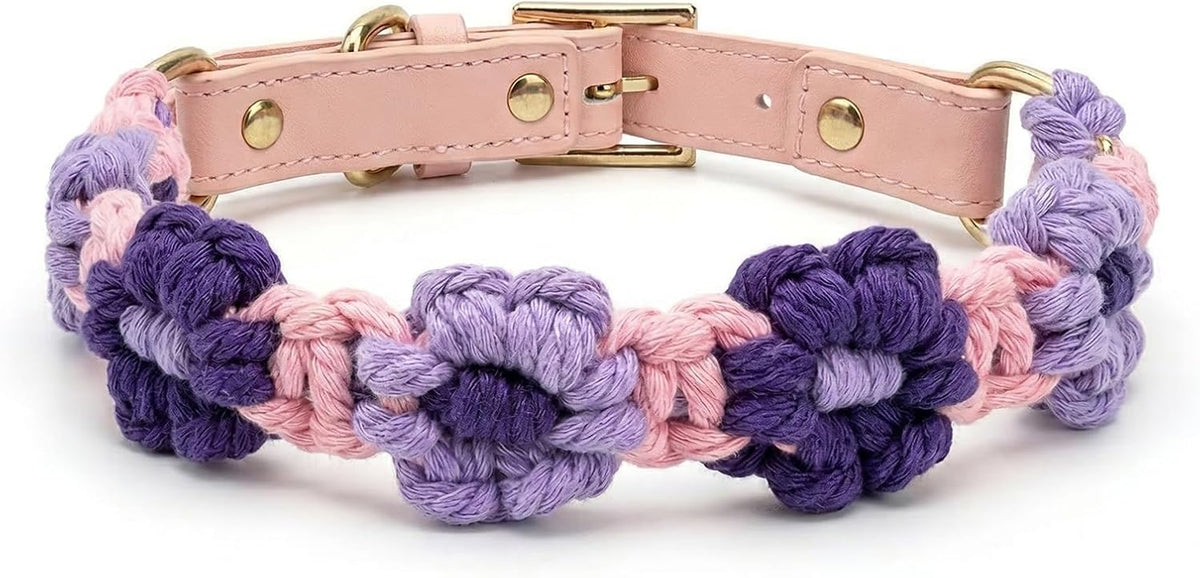 Chic Hand-Knitted Flower Dog Collar - Durable Leather with Adjustable Metal Buckle for All Sizes (Brown, L 15-19In)