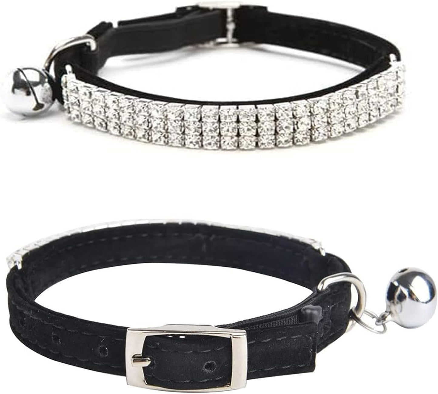Soft Velvet Safe Cat Adjustable Collar Bling Diamante with Bells,11 Inch for Small Dogs and Cats (Black)