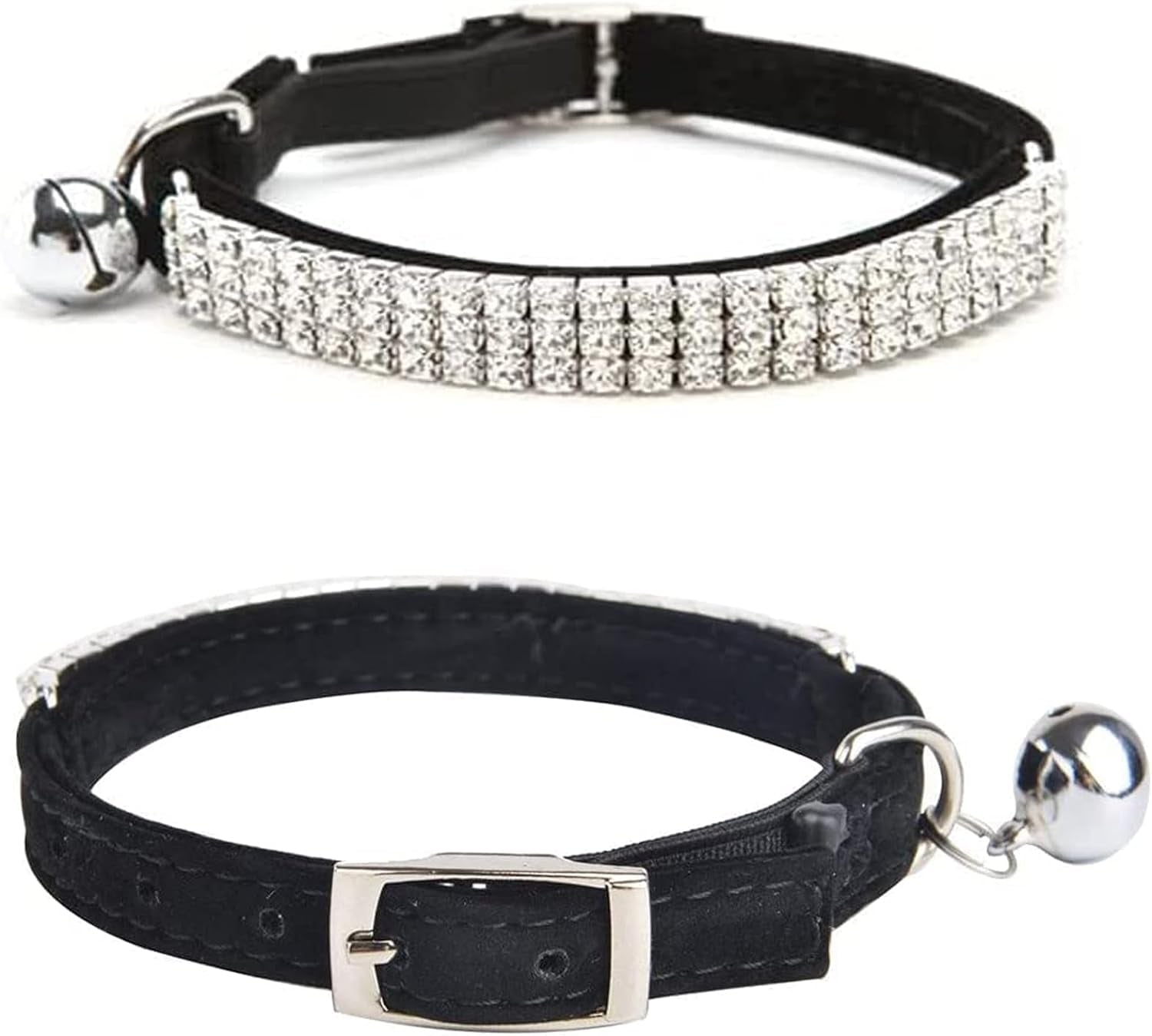Soft Velvet Safe Cat Adjustable Collar Bling Diamante with Bells,11 Inch for Small Dogs and Cats (Black)