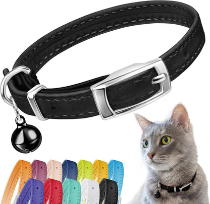 Leather Cat Collar with Removable Bell – Safety Elastic Strap (Breakaway Alternative) – Kitten Collar for Small & Big Boy & Girl Cats