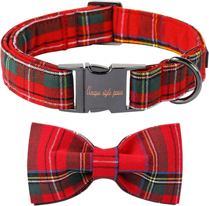 Plaid Dog Collar with Bow Pet Gift Adjustable Soft and Comfy Bowtie Collars for Small Medium Large Dogs