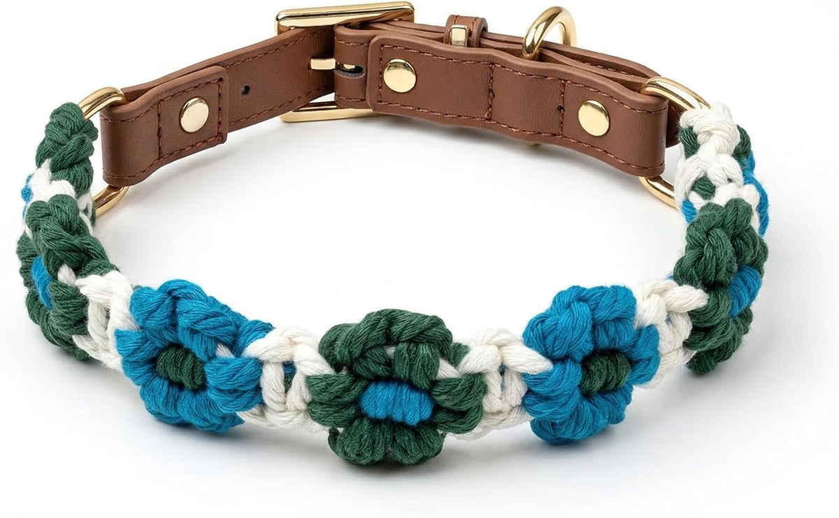 Chic Hand-Knitted Flower Dog Collar - Durable Leather with Adjustable Metal Buckle for All Sizes (Brown, L 15-19In)