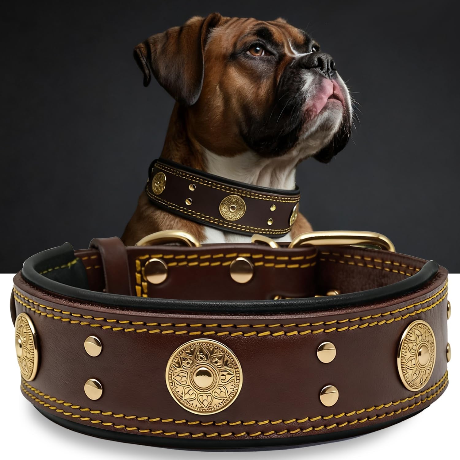 Leather Dog Collar, 2 Inches Wide Heavy Duty Genuine Leather Collars, Handmade, Soft, and Luxury, Eye-Catching Best Choice for Large and Medium Breed Dogs, Orange 18.5-22.5 In