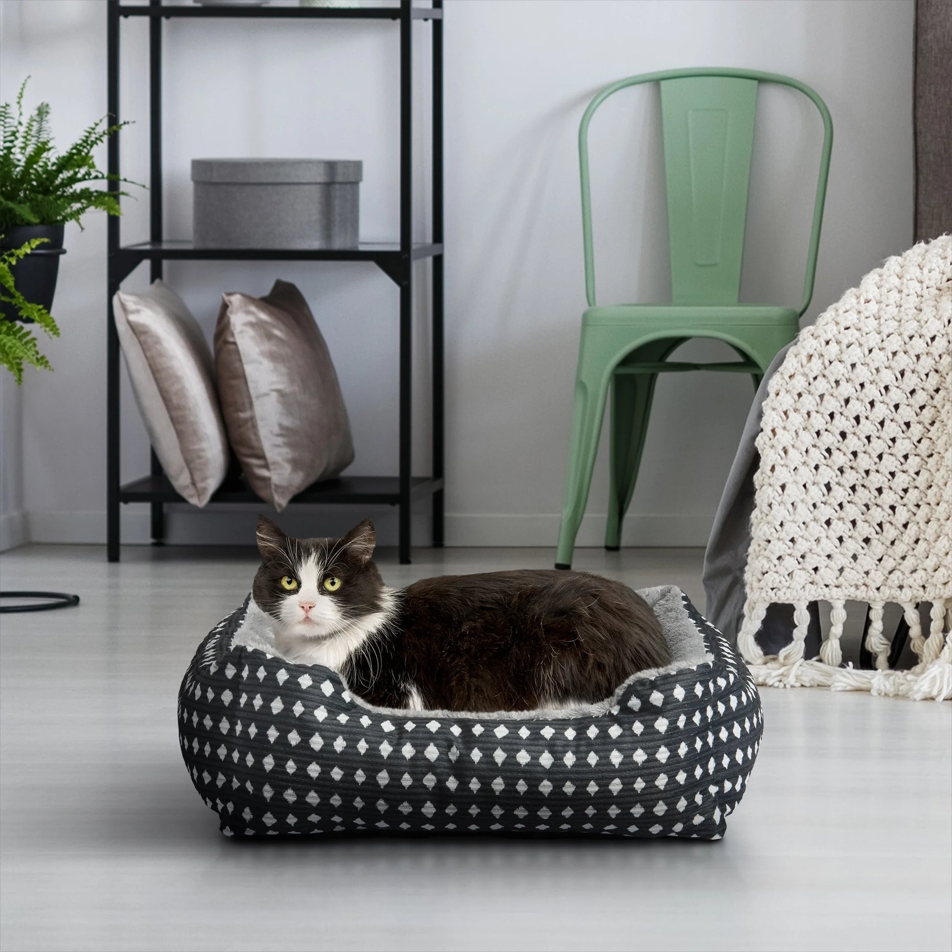 Dog Bed, Cat Bed, Puppy Bed, Plush Cuddle Bed for Small Breeds, 19" X 15",Black & White Diamonds