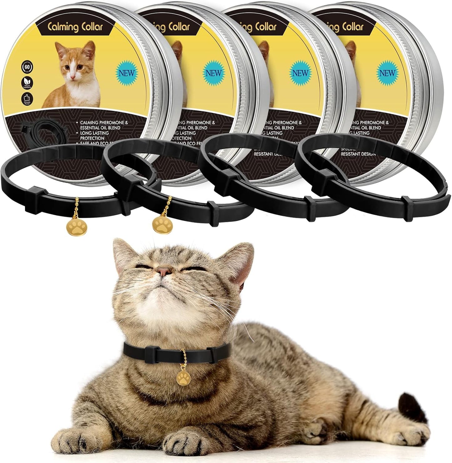 4 Pcs Cat Calming Collar Adjustable Pheromones Scent Relaxing Cat Collar with 2 Pendant for Puppies Reduce Stress Aggression Anxious, up to 15 Inches(Purple, Gold)