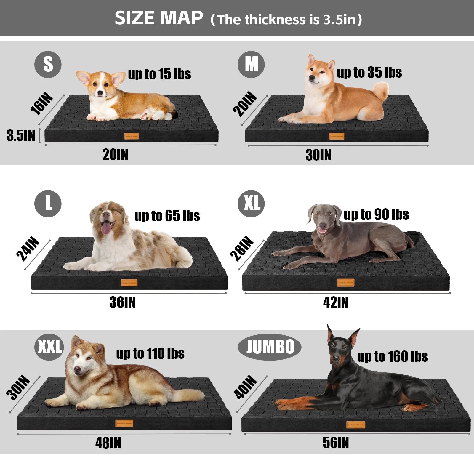 Checkered Orthopedic Pet Bed for Medium Dogs 36"X24", Waterproof Removable Washable Cover, Black