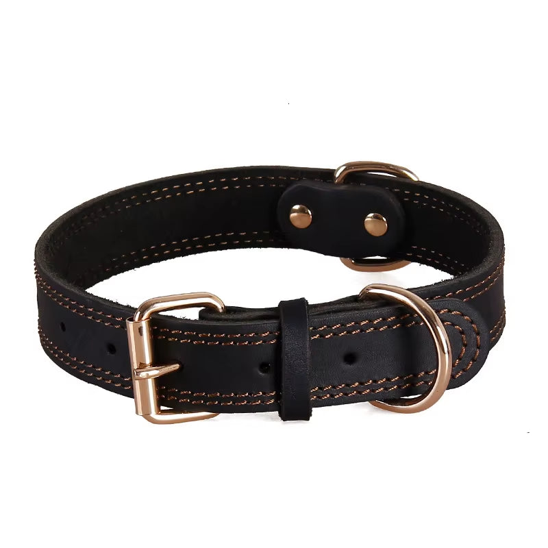 Quality Genuine Leather Dog Collar Durable Vintage Heavy-Duty Rustproof Double D-Ring Pet Collar for Medium Large Dogs