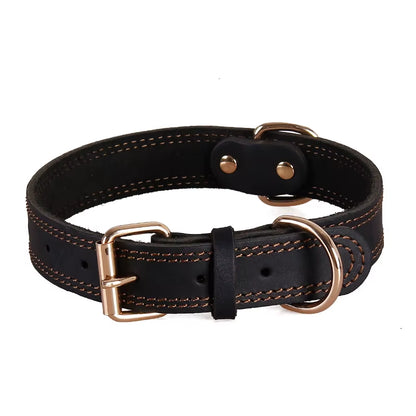 Quality Genuine Leather Dog Collar Durable Vintage Heavy-Duty Rustproof Double D-Ring Pet Collar for Medium Large Dogs