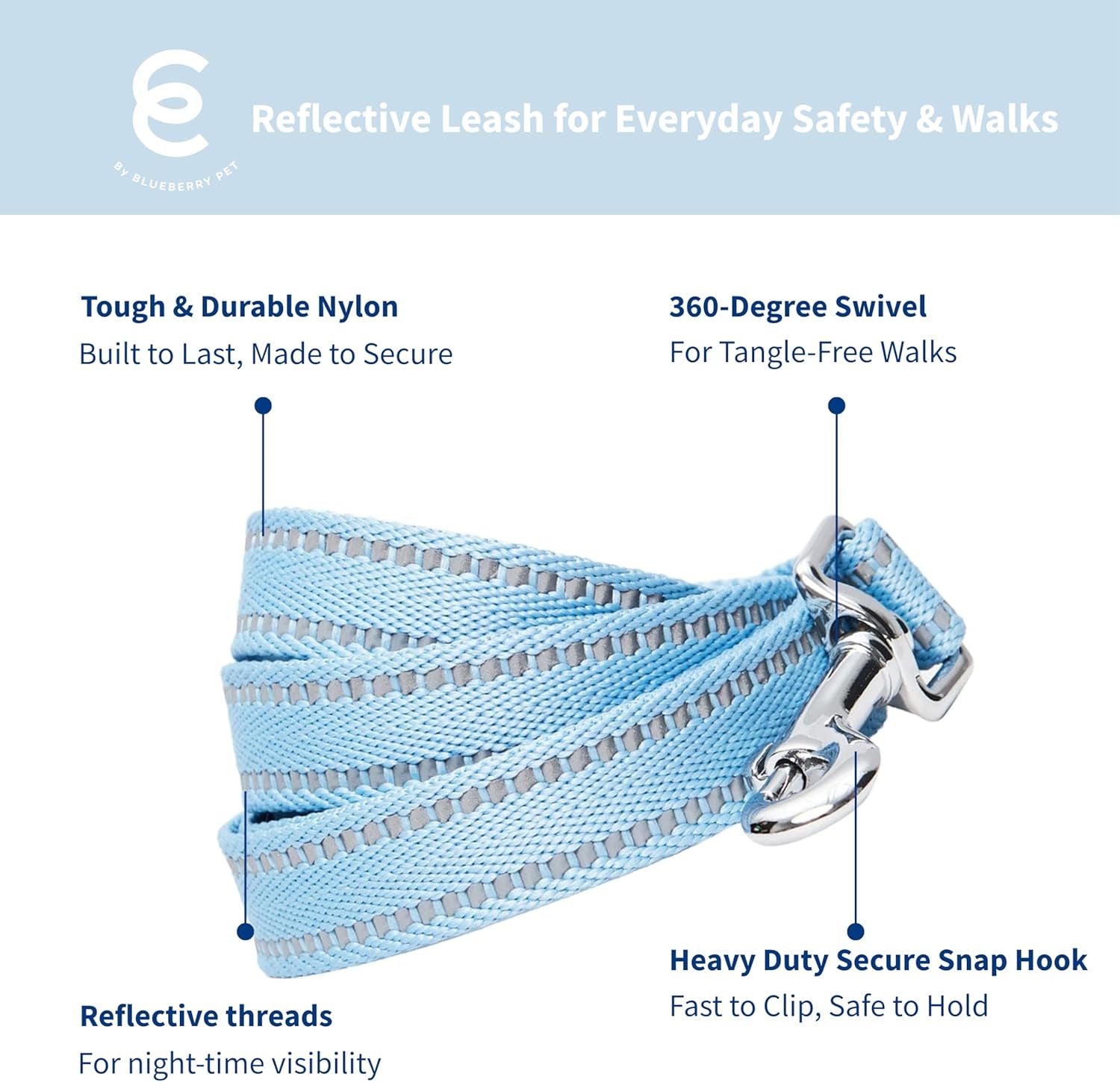 Essentials Durable Pastel Color Reflective Dog Leash, 5 Ft X 3/4", Baby Blue, Medium, Leashes for Dogs