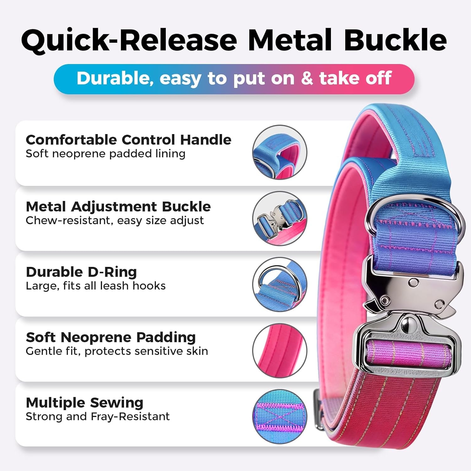 Tactical Dog Collar, Adjustable Heavy Duty Dog Collar with Handle Soft Neoprene Padded Training Collar with Quick Release Metal Buckle for Large Dogs (Gradient Pink, L)