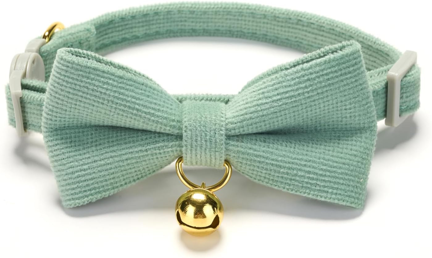 Cotton Breakaway Cat Collar with Bow Tie and Bell, Adjustable Cute Soft Corduroy Kitten Collars for Girl Cats