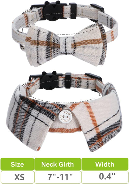2 Pack/Set Cat Collar with Cute Bow Tie and Bell,Breakaway Plaid Shirt Collar for Kitty Adjustable Safety