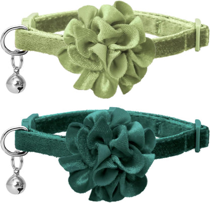 2 Pack Cat Collar Floral with Bell and Removable Flower Bowtie Breakaway Adjustable Velvet Fabric Cat Collar for Pets and Daily Decoration，Hot Pink & Purple