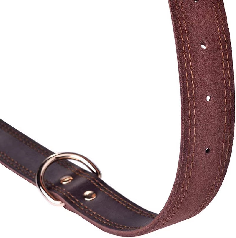 Quality Genuine Leather Dog Collar Durable Vintage Heavy-Duty Rustproof Double D-Ring Pet Collar for Medium Large Dogs