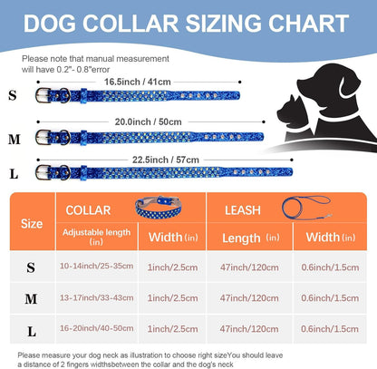 Rhinestone Dog Collar, Bling Diamond Pet Collars with Leash Adjustable, Dazzling Sparkly Crystal Studded Microfiber Leather Spiked Puppy Collar Cute for Small and Medium Large Girl Dogs Cats