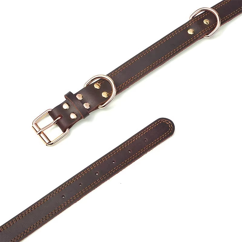 Quality Genuine Leather Dog Collar Durable Vintage Heavy-Duty Rustproof Double D-Ring Pet Collar for Medium Large Dogs