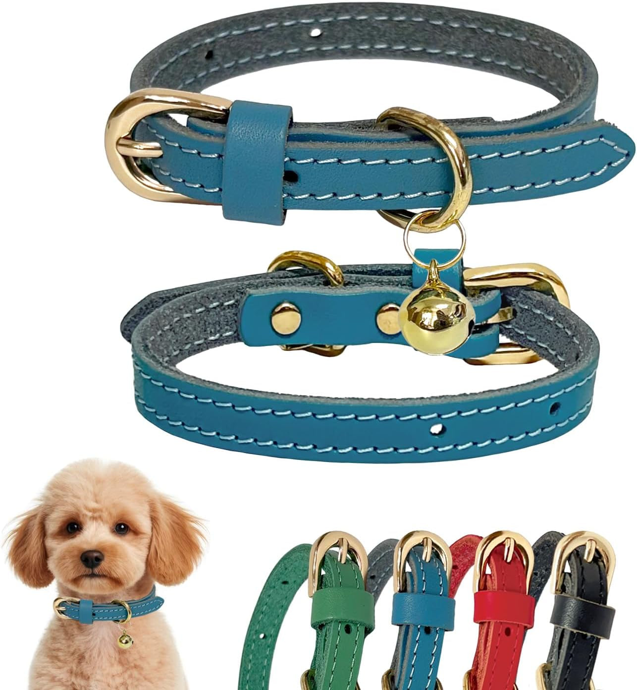 Leather Collar for Puppy, Cute Soft Thin Dogs Collars for Small Medium Dogs, Cat Collar with Bell (Blue, XS, 9"-12")
