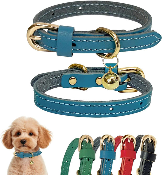 Leather Collar for Puppy, Cute Soft Thin Dogs Collars for Small Medium Dogs, Cat Collar with Bell (Blue, XS, 9"-12")