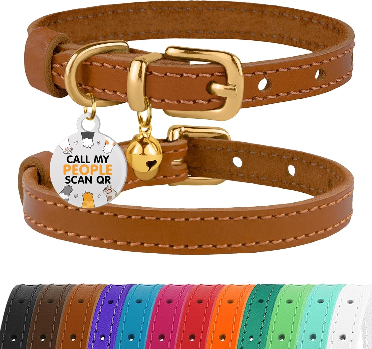 Leather Cat Collar with Removable Bells Non Breakaway Kitten QR Tag for Girl Boy (7" - 9" for Cats, Purple & Gold)