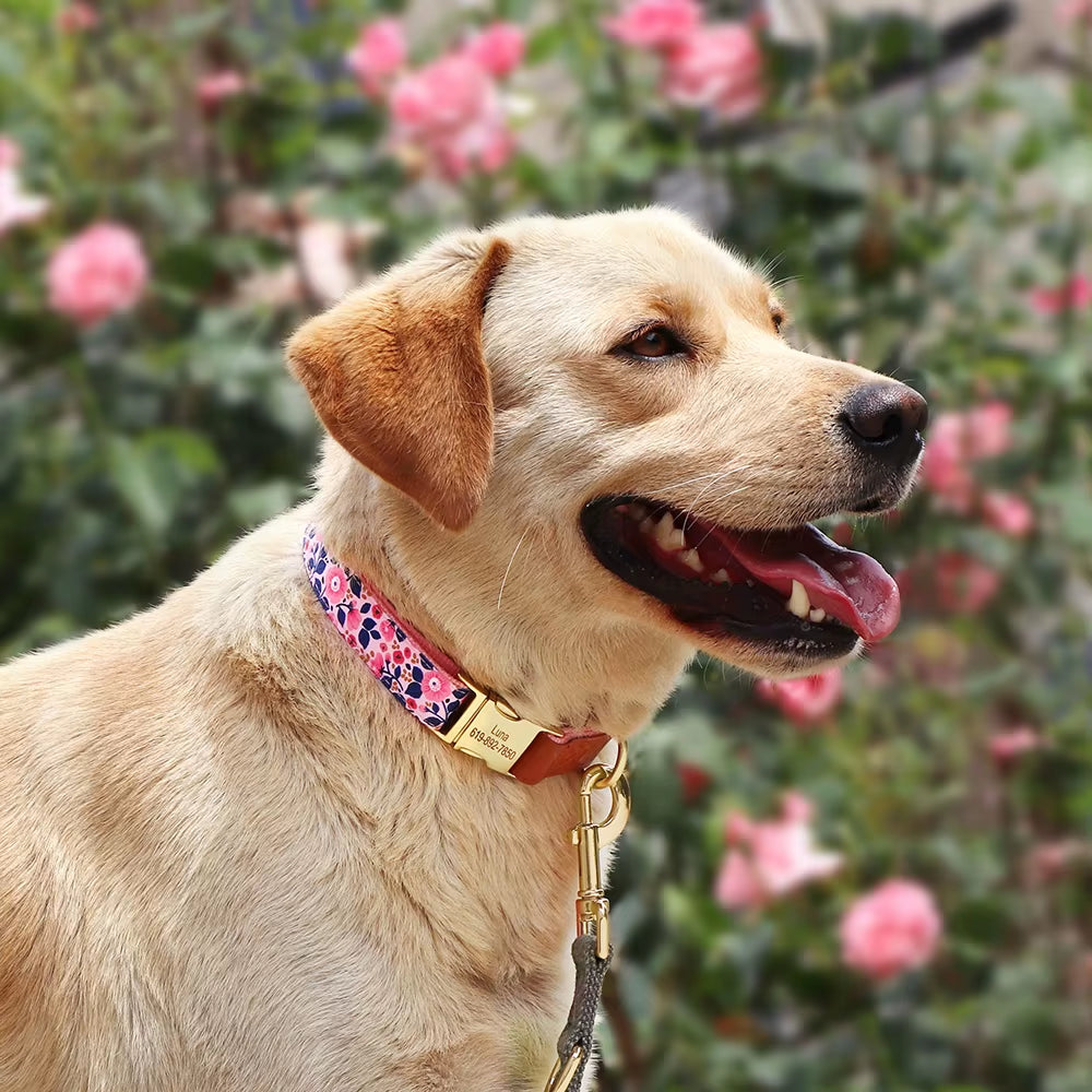Custom Engraved Dog Collar Adjustable Pet Buckle Collars Anti-Lost Flower Printed for Small Medium Large Dogs French Bulldog