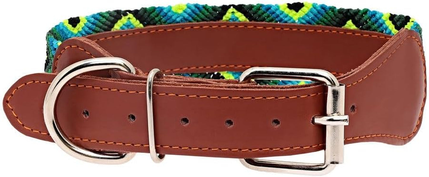 Premium Leather Dog Collar - Adjustable Handcrafted Collar for Small to Large Dogs (Blue/Green, L)