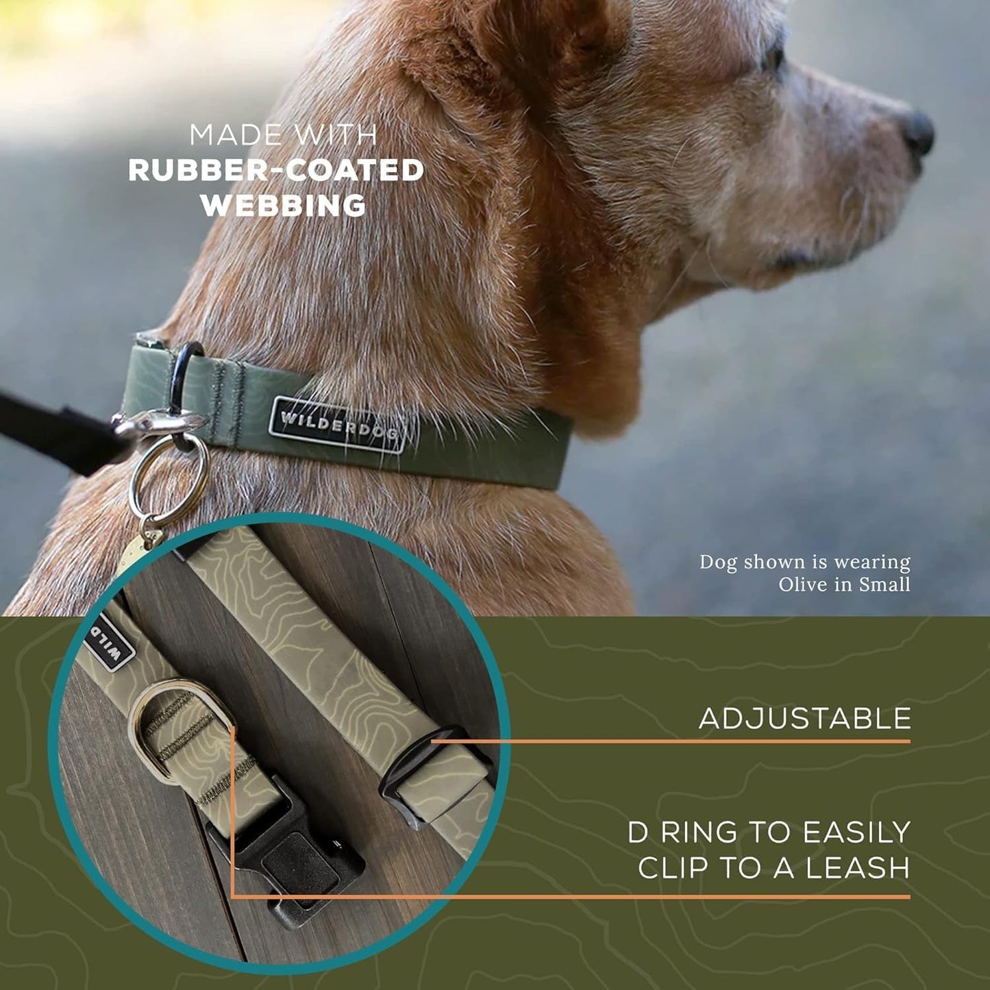 Waterproof Dog Collar - Repels Water & Dirt - Medium 13"-18" - Olive
