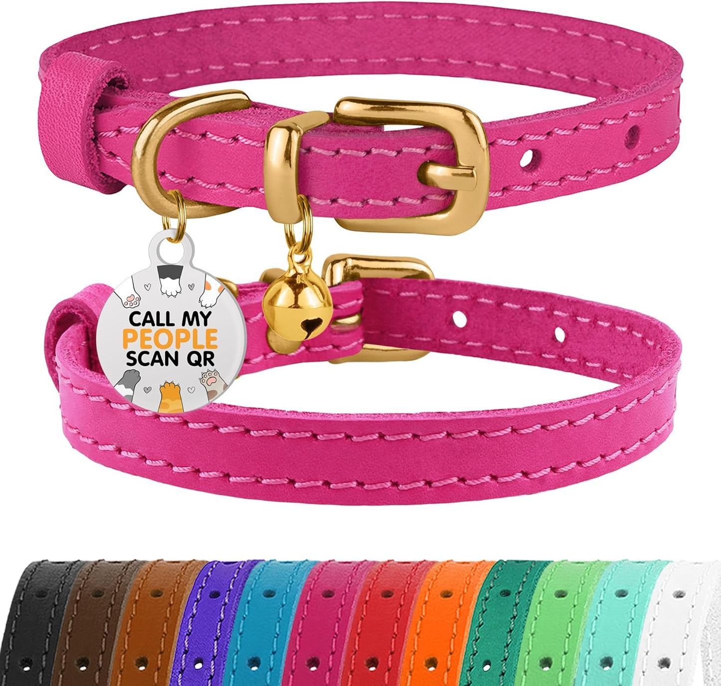 Leather Cat Collar with Removable Bells Non Breakaway Kitten QR Tag for Girl Boy (7" - 9" for Cats, Purple & Gold)