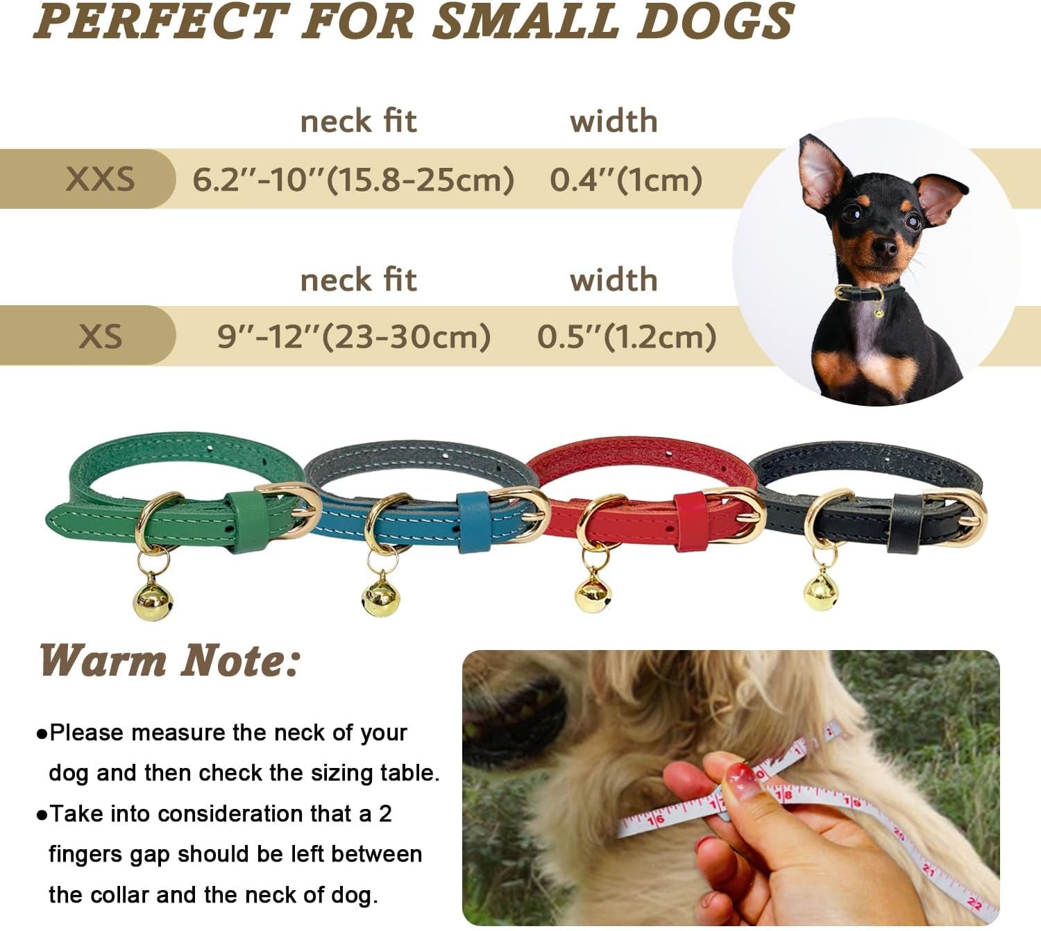 Leather Collar for Puppy, Cute Soft Thin Dogs Collars for Small Medium Dogs, Cat Collar with Bell (Blue, XS, 9"-12")