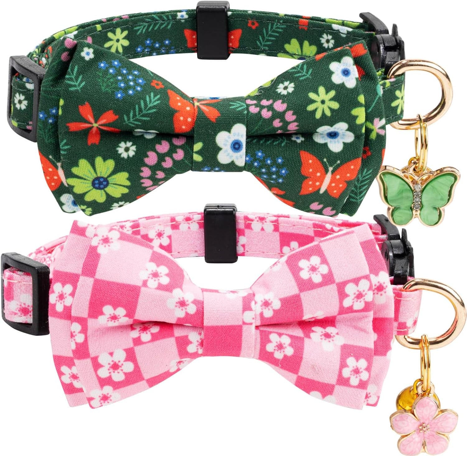 2 Pack Cotton Cat Collar with Bow Tie and Bell for Male Female Cats,Soft Fancy Breakaway Kitty Kitten Collar with Ghost& Pumpkin Patterned Design for Boy Girl Cats. (Cow&Heart)