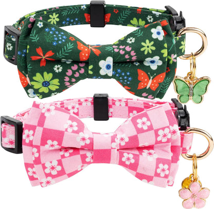 2 Pack Cotton Cat Collar with Bow Tie and Bell for Male Female Cats,Soft Fancy Breakaway Kitty Kitten Collar with Ghost& Pumpkin Patterned Design for Boy Girl Cats. (Cow&Heart)