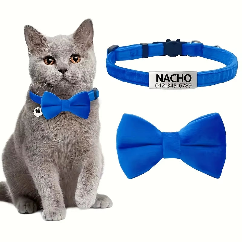 Customizable Polyester Cat Bow Tie Collar Soft Adjustable Engraved ID Name Tag Detachable Bow Bell
