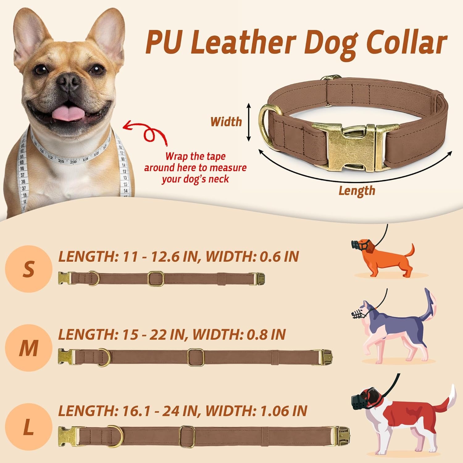 Leather Dog Collar – Durable Faux PU Leather Dog Collar for Small Medium Large Dogs, Adjustable Pet Collar with Metal Buckle (Brown, S)