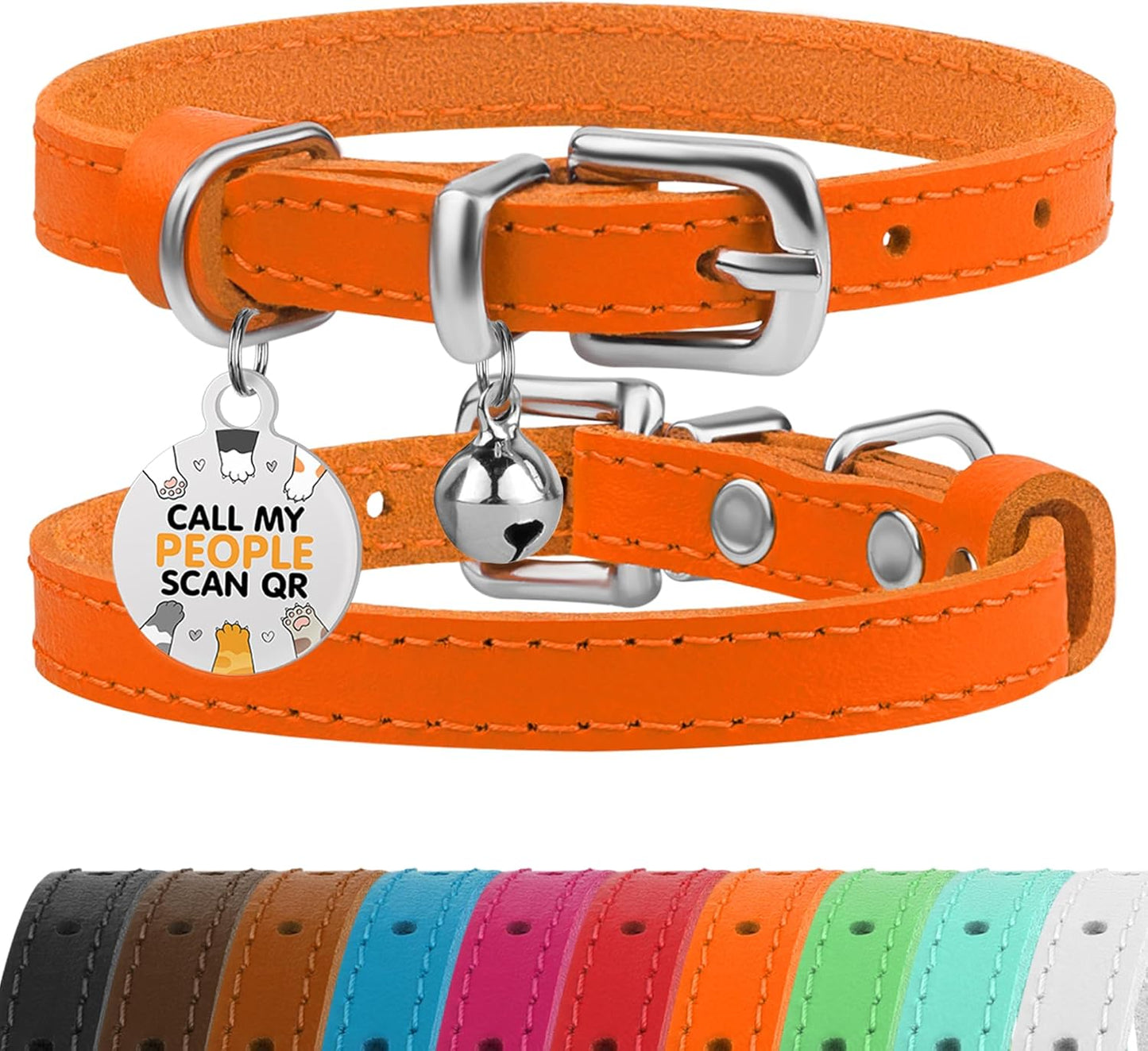 Leather Cat Collar with Removable Bells Non Breakaway Kitten QR Tag for Girl Boy (7" - 9" for Cats, Purple & Gold)