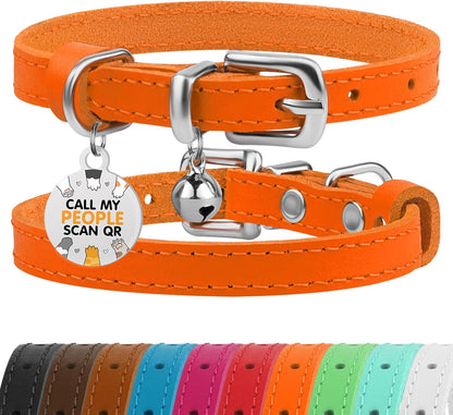 Leather Cat Collar with Removable Bells Non Breakaway Kitten QR Tag for Girl Boy (7" - 9" for Cats, Purple & Gold)